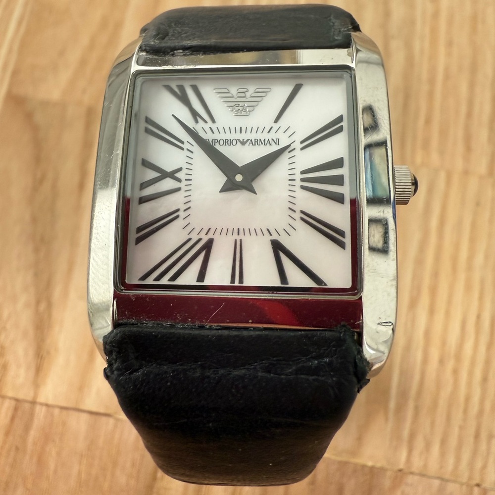 Emporio Armani ladies silver tone square black leather watch NEW BATTERY